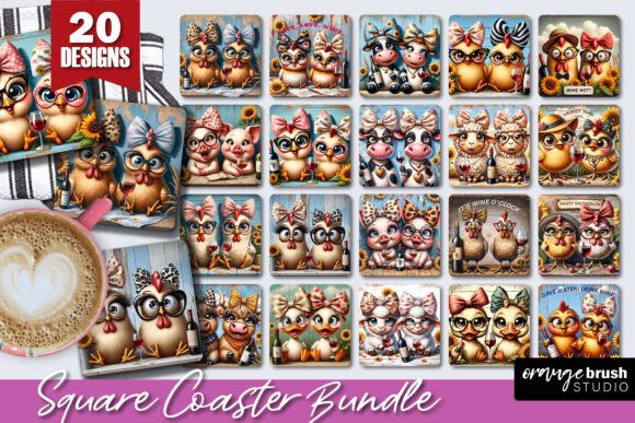 Download Funny Animals Wine Square Coaster Bundle - Coaster bundle Collection