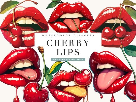 Download Watercolor Cherry Lips Clipart Bundle - Lips Collection