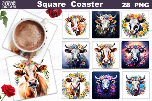 Download Cow Flowers Square Coaster Bundle - Coaster bundle Collection